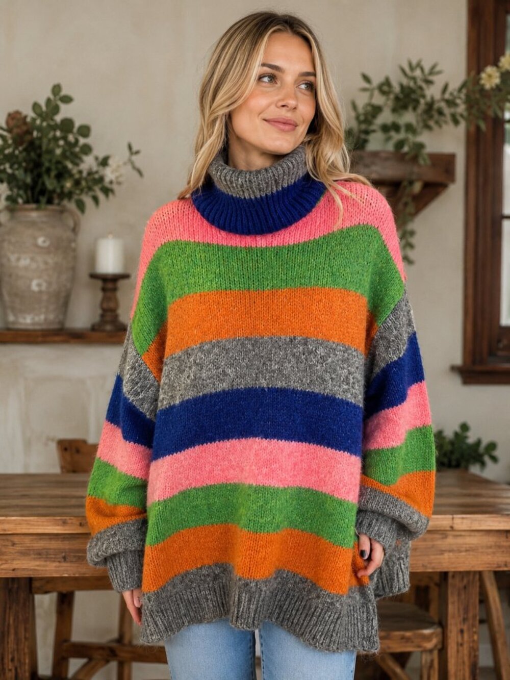 Zara Oversized Striped Turtleneck Knit Sweater Medium Colourblock Cozy Pullover